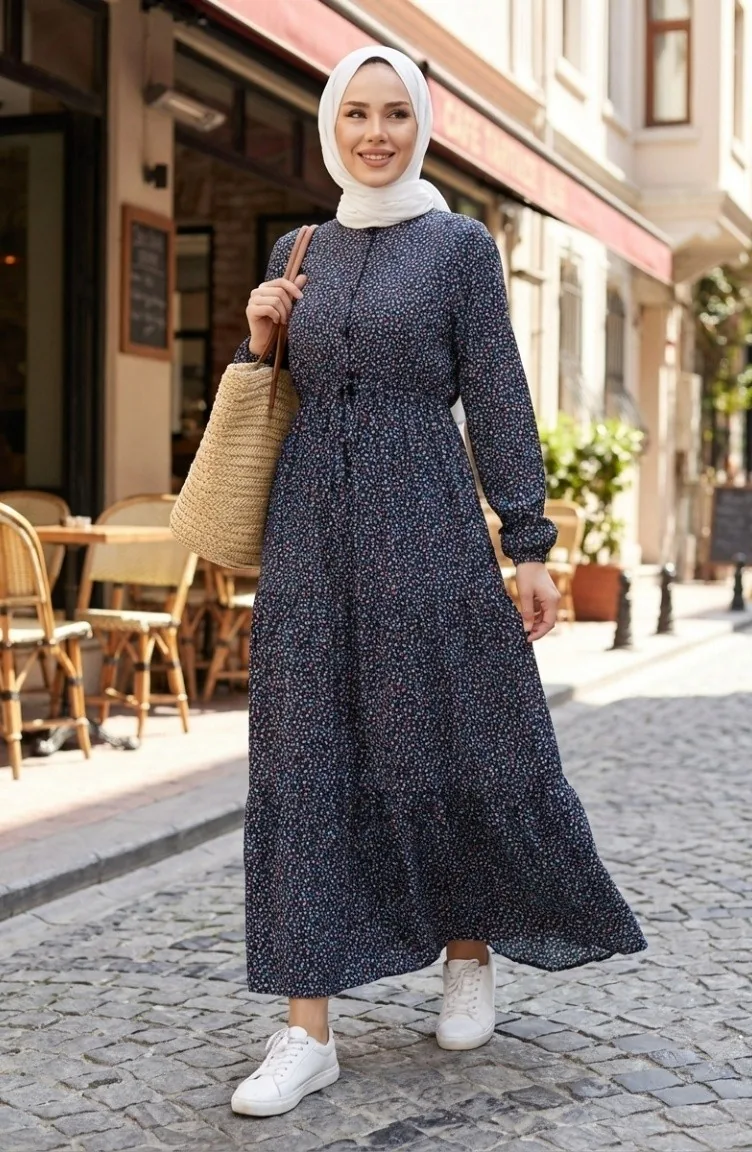 Half-button Patterned Dress 0368-01 Navy Blue 0368-01