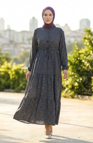 Half-button Patterned Dress 0368-01 Navy Blue 0368-01