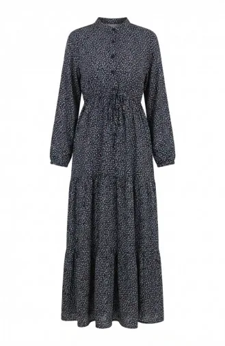 Half-button Patterned Dress 0368-01 Navy Blue 0368-01