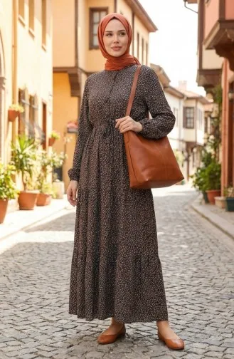 Halb Geknöpftes Gemustertes Kleid 0368-02 Braun 0368-02