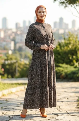 Halb Geknöpftes Gemustertes Kleid 0368-02 Braun 0368-02