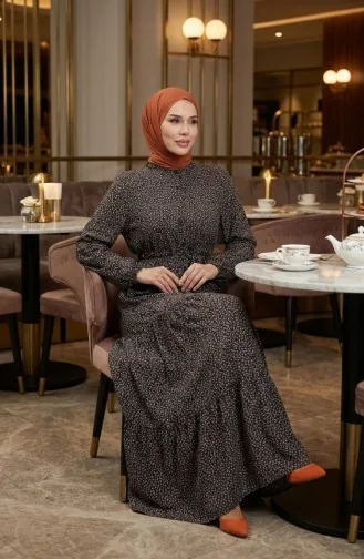 Halb Geknöpftes Gemustertes Kleid 0368-02 Braun 0368-02