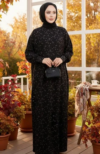 فستان كريب منقوش 7137-04 أسود 7137-04