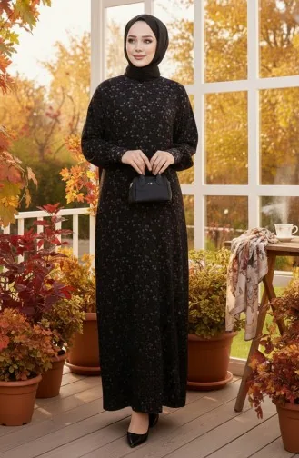 Patterned Crepe Dress 7137-04 Black 7137-04