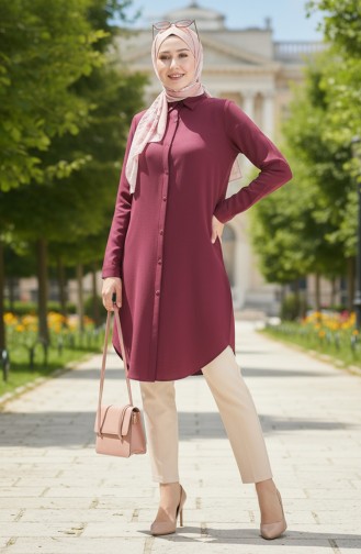 Düğmeli Viskon Tunik 6116-02 Mürdüm