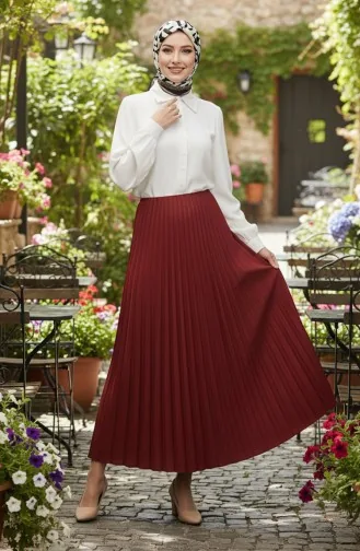 Elastic Waist Pleated Skirt 0213-04 Claret Red 0213-04