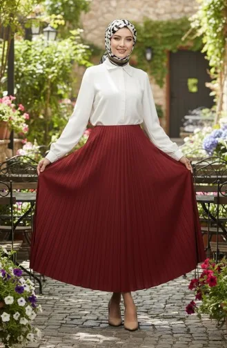 Elastic Waist Pleated Skirt 0213-04 Claret Red 0213-04