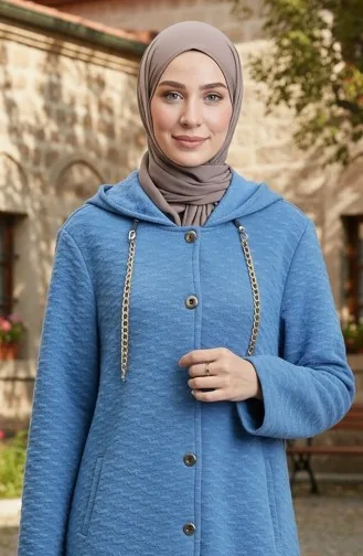 Manteau Matelassé à Capuche Orné De Chaînes 0216-02 Indigo 0216-02