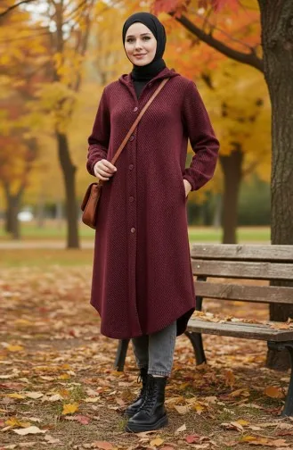 Manteau En Cachemire à Capuche Et Boutons 0201-11 Rouge Bordeaux 0201-11