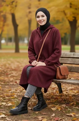 Manteau En Cachemire à Capuche Et Boutons 0201-11 Rouge Bordeaux 0201-11