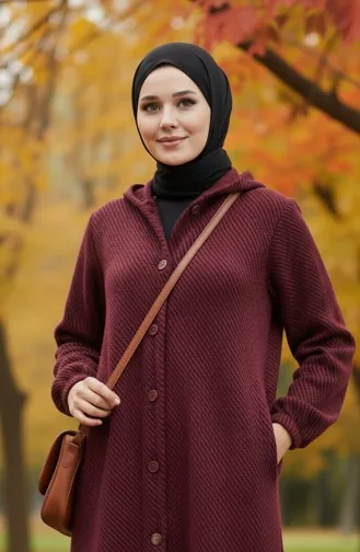 Manteau En Cachemire à Capuche Et Boutons 0201-11 Rouge Bordeaux 0201-11