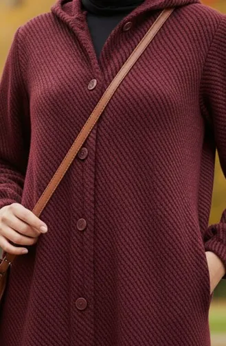 Manteau En Cachemire à Capuche Et Boutons 0201-11 Rouge Bordeaux 0201-11