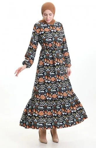 Digital Bedrucktes Plissiertes Kleid Mit Gürtel 1006-01 Schwarz Ziegel 1006-01