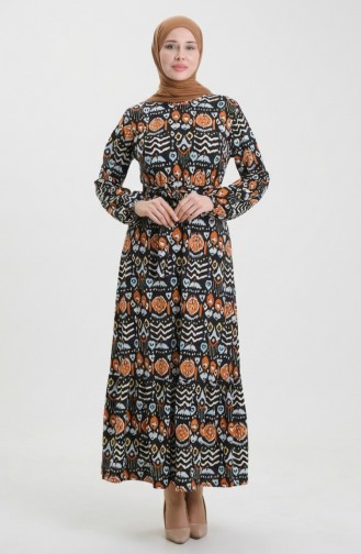 فستان مطوي بحزام مطبوع رقميًا 1006-01 أسود قرميدي 1006-01