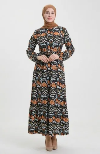 Digital Bedrucktes Plissiertes Kleid Mit Gürtel 1006-01 Schwarz Ziegel 1006-01