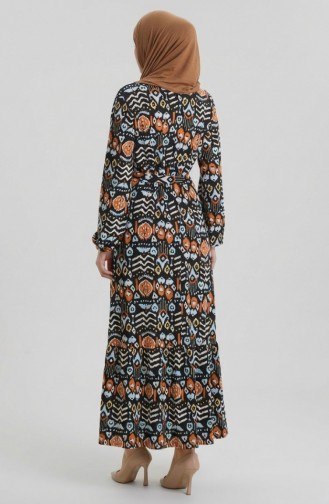 فستان مطوي بحزام مطبوع رقميًا 1006-01 أسود قرميدي 1006-01