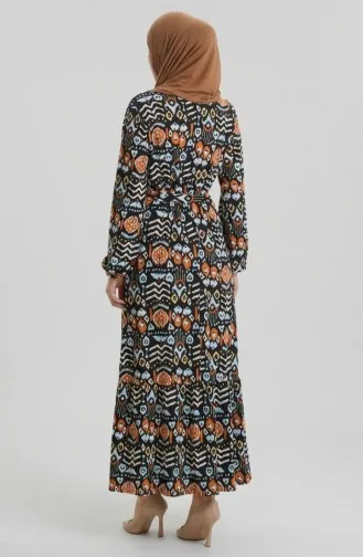 Digital Bedrucktes Plissiertes Kleid Mit Gürtel 1006-01 Schwarz Ziegel 1006-01