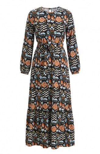 فستان مطوي بحزام مطبوع رقميًا 1006-01 أسود قرميدي 1006-01