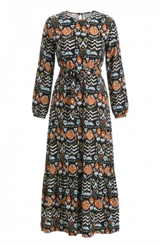 Digital Bedrucktes Plissiertes Kleid Mit Gürtel 1006-01 Schwarz Ziegel 1006-01
