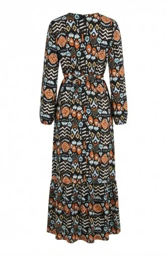 Digital Bedrucktes Plissiertes Kleid Mit Gürtel 1006-01 Schwarz Ziegel 1006-01