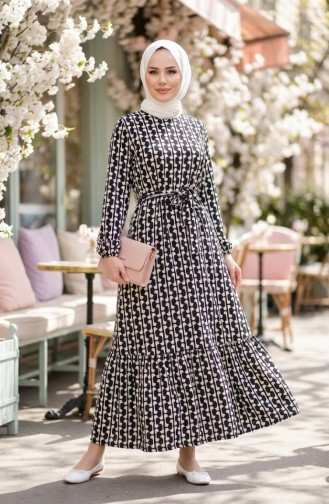 Digital Printed Gathered Belted Dress 1006A-01 Black And White 1006A-01