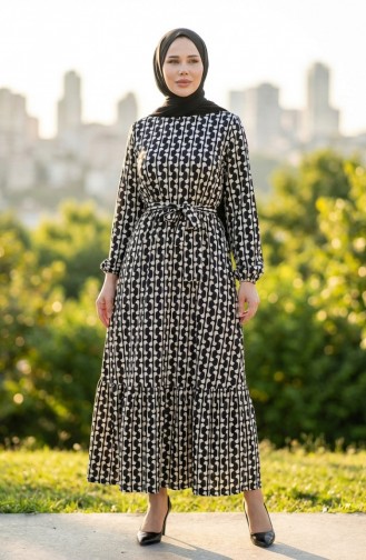 Digital Printed Gathered Belted Dress 1006A-01 Black And White 1006A-01