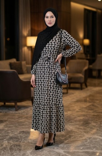 Digital Printed Gathered Belted Dress 1006A-01 Black And White 1006A-01