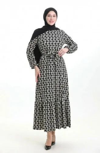 فستان بحزام مطبوع رقميًا 1006A-01 أسود وأبيض 1006A-01