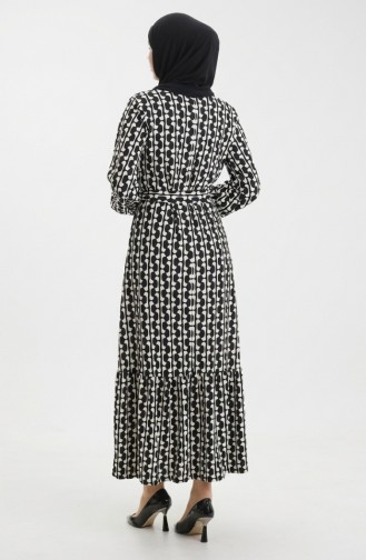 Digital Printed Gathered Belted Dress 1006A-01 Black And White 1006A-01