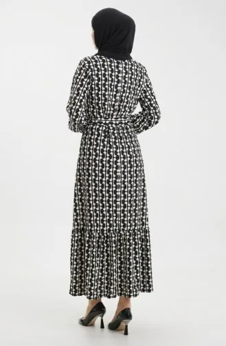 فستان بحزام مطبوع رقميًا 1006A-01 أسود وأبيض 1006A-01