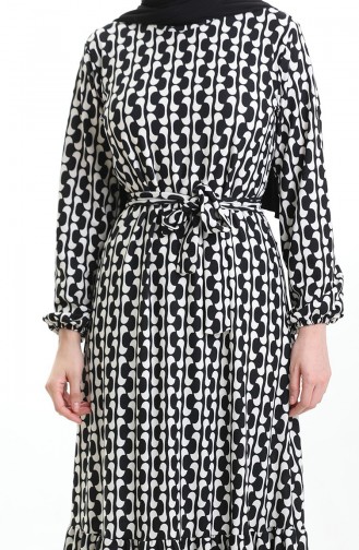 Digital Printed Gathered Belted Dress 1006A-01 Black And White 1006A-01