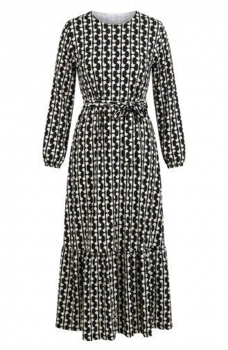 Digital Printed Gathered Belted Dress 1006A-01 Black And White 1006A-01