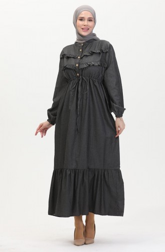 فستان جينز بتفاصيل من الكشكش 0486-01 لون داكن 0486-01