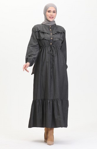 فستان جينز بتفاصيل من الكشكش 0486-01 لون داكن 0486-01