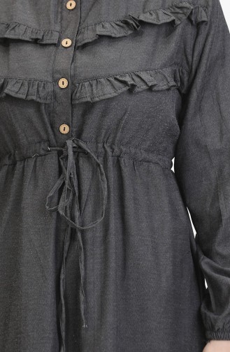 فستان جينز بتفاصيل من الكشكش 0486-01 لون داكن 0486-01