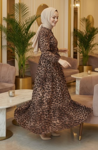 Tunneled Waist Leopard Dress 7130-02 Brown 7130-02