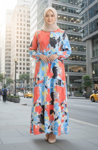 Robe Nouée à La Taille En Tissu Modal 0166-02 Bleu Corail 0166-02