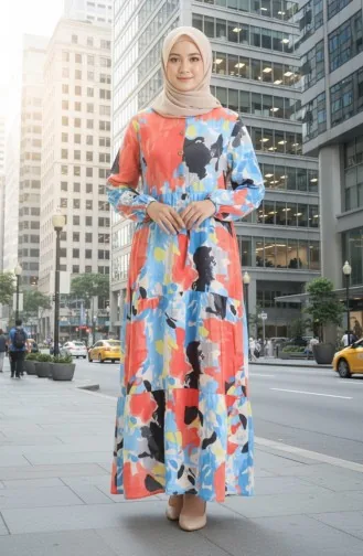 Modal Stoffen Jurk Met Gestrikte Taille 0166-02 Koraalblauw 0166-02