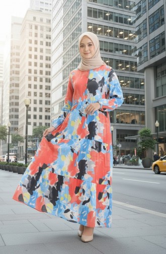 Robe Nouée à La Taille En Tissu Modal 0166-02 Bleu Corail 0166-02