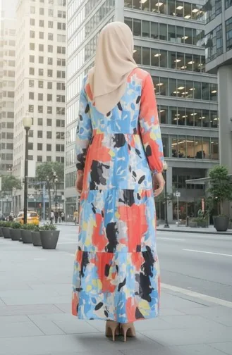 Modal Stoffen Jurk Met Gestrikte Taille 0166-02 Koraalblauw 0166-02