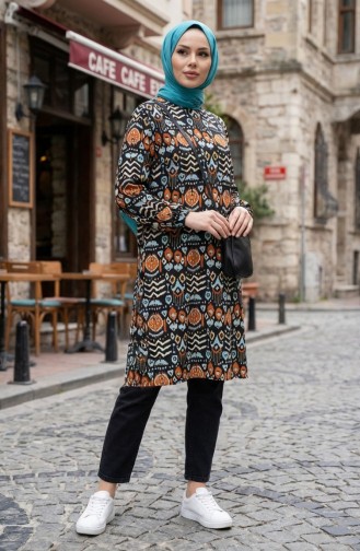 Dijital Baskılı Yırtmaç Detaylı Tunik 1005-01 Siyah Kiremit