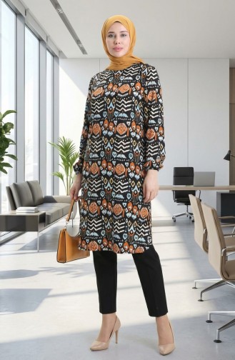Dijital Baskılı Yırtmaç Detaylı Tunik 1005-01 Siyah Kiremit