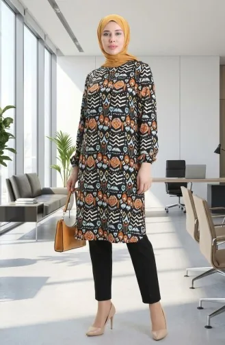 Digital Bedruckte Tunika Mit Schlitzdetails 1005-01 Schwarz Ziegel 1005-01