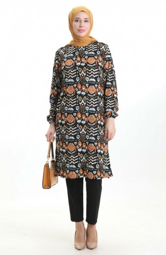 Dijital Baskılı Yırtmaç Detaylı Tunik 1005-01 Siyah Kiremit