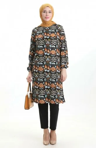 Digital Bedruckte Tunika Mit Schlitzdetails 1005-01 Schwarz Ziegel 1005-01