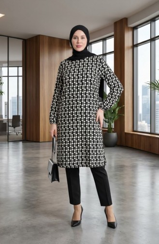 Digitally Printed Slit Detailed Tunic 1005A-01 Black And White 1005A-01