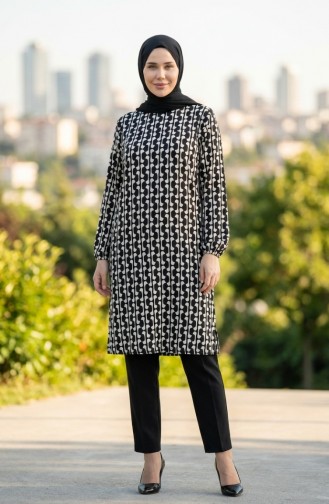 Digitally Printed Slit Detailed Tunic 1005A-01 Black And White 1005A-01