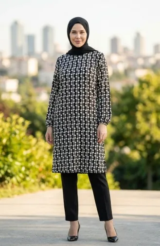 تونيك بتفاصيل شق مطبوعة رقميًا 1005A-01 باللونين الأسود والأبيض 1005A-01
