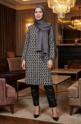 Digitally Printed Slit Detailed Tunic 1005A-01 Black And White 1005A-01