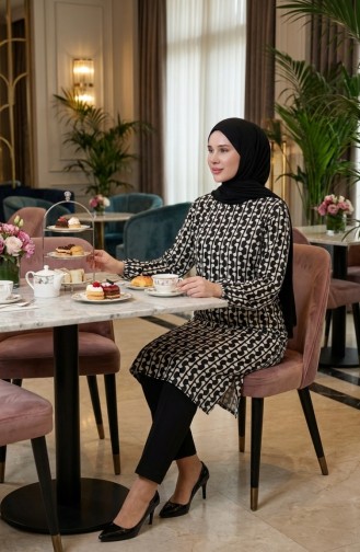 Digitally Printed Slit Detailed Tunic 1005A-01 Black And White 1005A-01